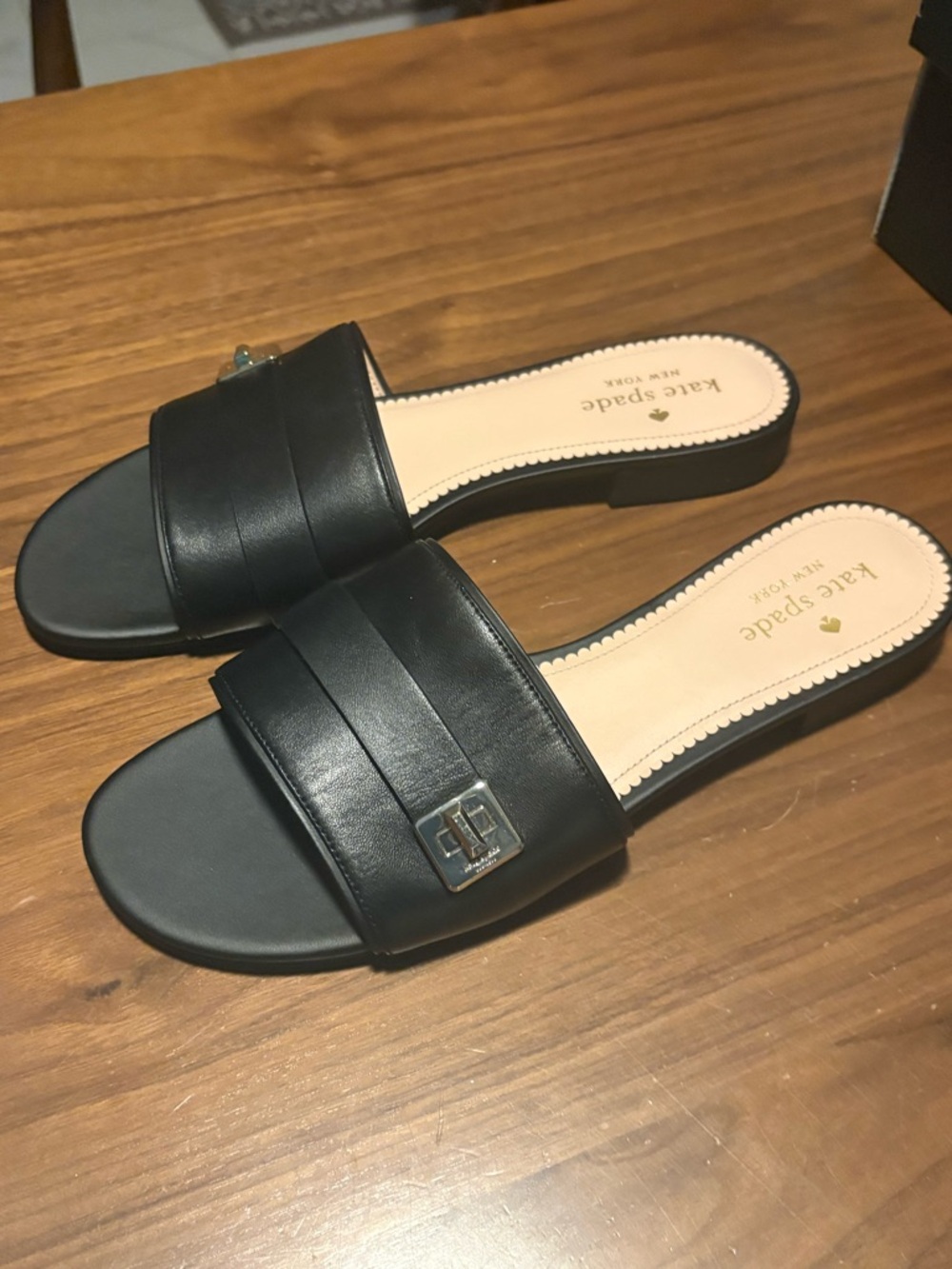 kate spade Black Leather Slide Sandals with Logo Accent